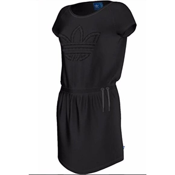 Adidas Shirt Dress Women’s Small Black Trefoil Sleeveless Drawstring Waist Cinch - Picture 1 of 7